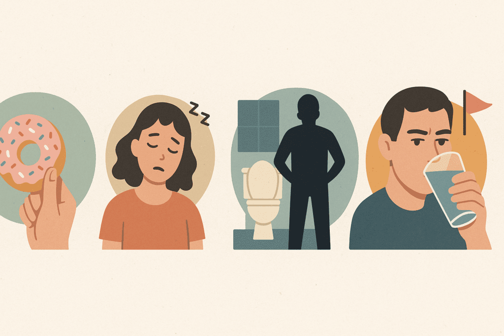 Infographic visualizing early signs linked to why do diabetics crave sugar, showing sugar cravings, fatigue, frequent urination, and thirst without text.