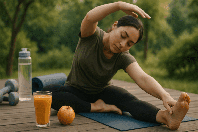 Woman stretching after outdoor workout with smoothie and fruit nearby, illustrating why do I crave sugar after exercise