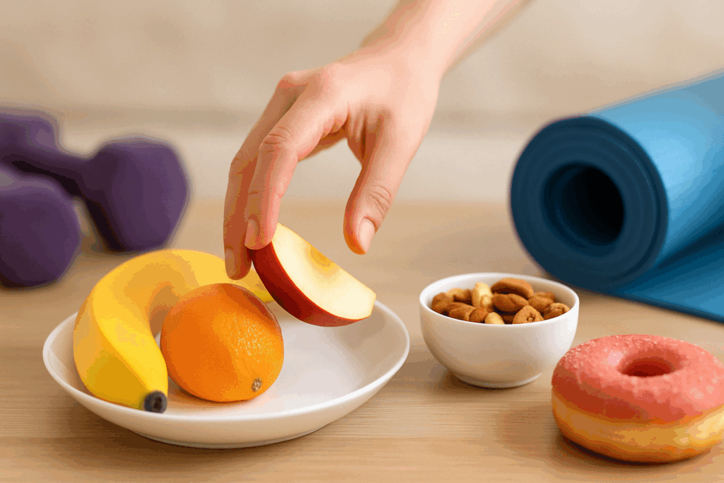 Hand reaching for fruit instead of donut after workout, illustrating why do I crave sugar after exercise