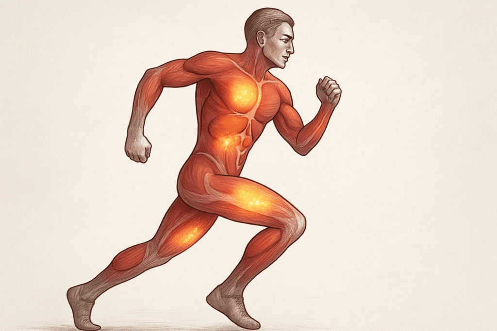 Illustration of a runner’s muscles and liver depleting glycogen stores, visually explaining why do I crave sugar after exercise