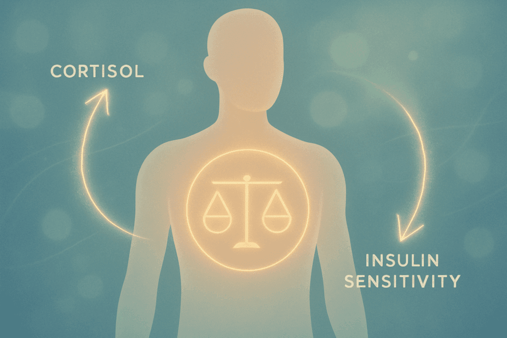 Conceptual diagram showing hormone changes like increased cortisol and insulin sensitivity to explain why do I crave sugar after exercise.