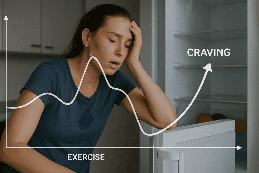 Fatigued woman leaning on open fridge after workout, overlaid with a blood sugar graph showing a dip and spike, illustrating why do I crave sugar after exercise.
