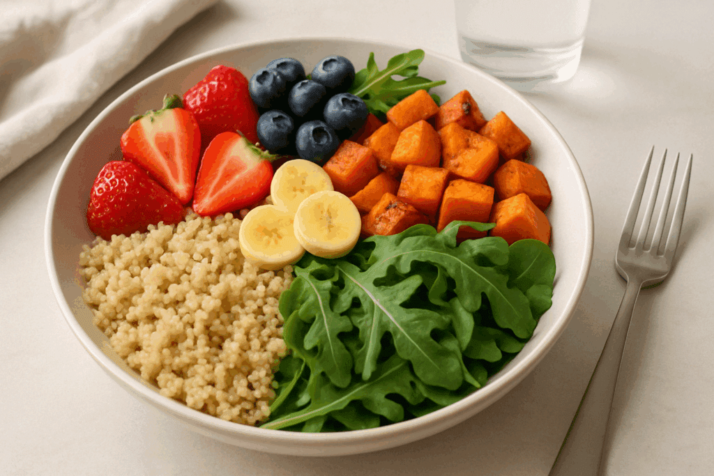 Post-workout meal with quinoa, sweet potatoes, leafy greens, and fruit, illustrating why do I crave sugar after exercise