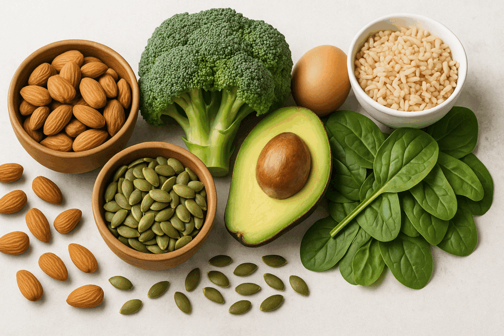 A vibrant, nutrient-packed spread featuring magnesium-rich almonds, chromium-rich broccoli, and zinc-rich pumpkin seeds, showcasing healthy foods to reduce cravings. Perfect for those wondering 'why do I crave sugar after exercise.