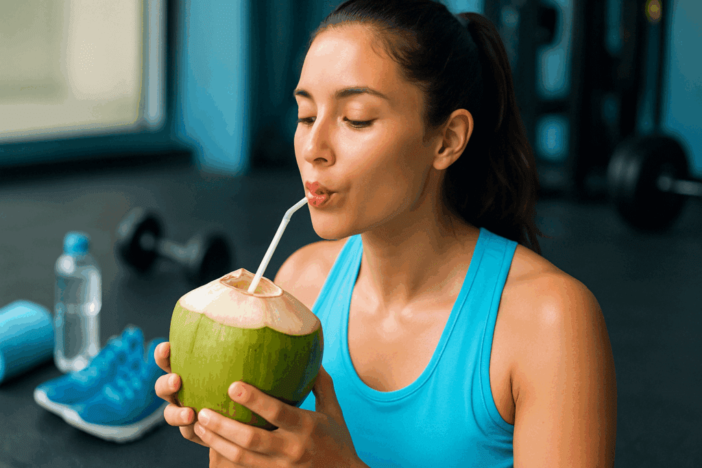 Woman drinking coconut water after a workout in a gym, representing post-workout recovery and the question why do I crave sugar after exercise.