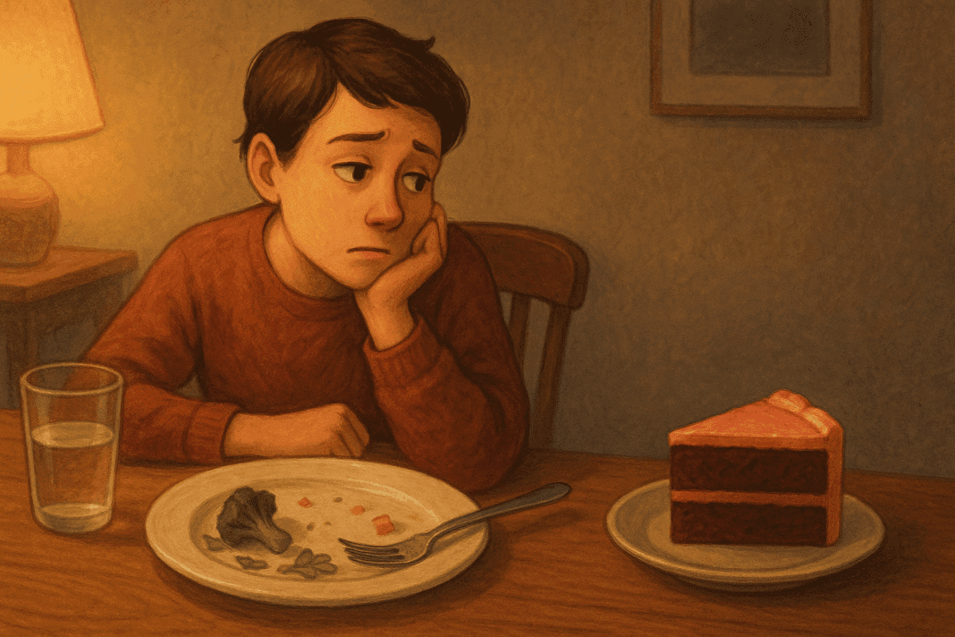 Person staring longingly at chocolate cake after finishing a healthy dinner, capturing the emotional pull of why do I crave sweets after eating.