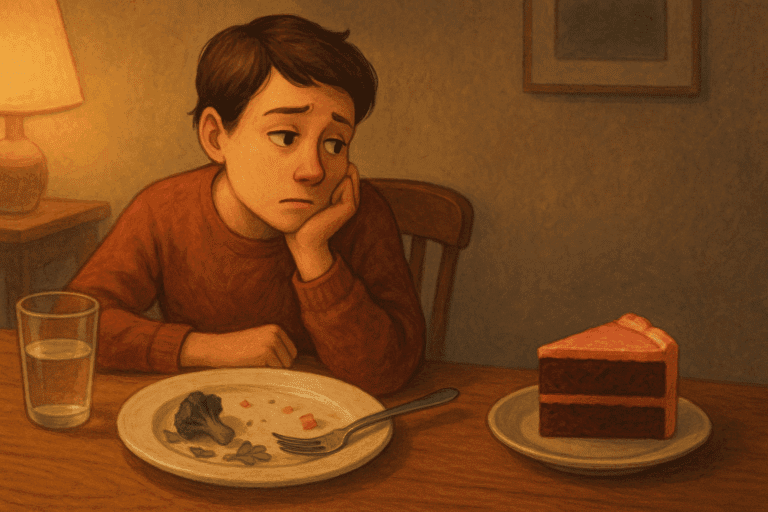 Person staring longingly at chocolate cake after finishing a healthy dinner, capturing the emotional pull of why do I crave sweets after eating.