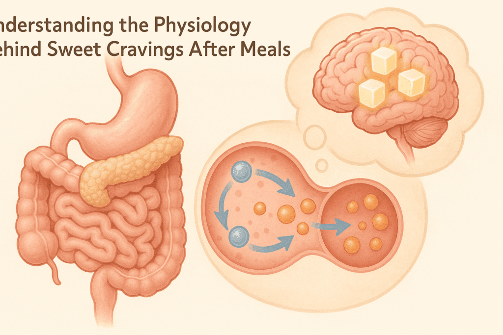 Why Do I Crave Sweets After Eating? Expert-Backed Reasons for Craving Sweets After Meals and How to Respond Mindfully 1 Scientific illustration showing human digestive system, insulin release, glucose entering cells, and brain craving sugar, explaining why do I crave sweets after eating
