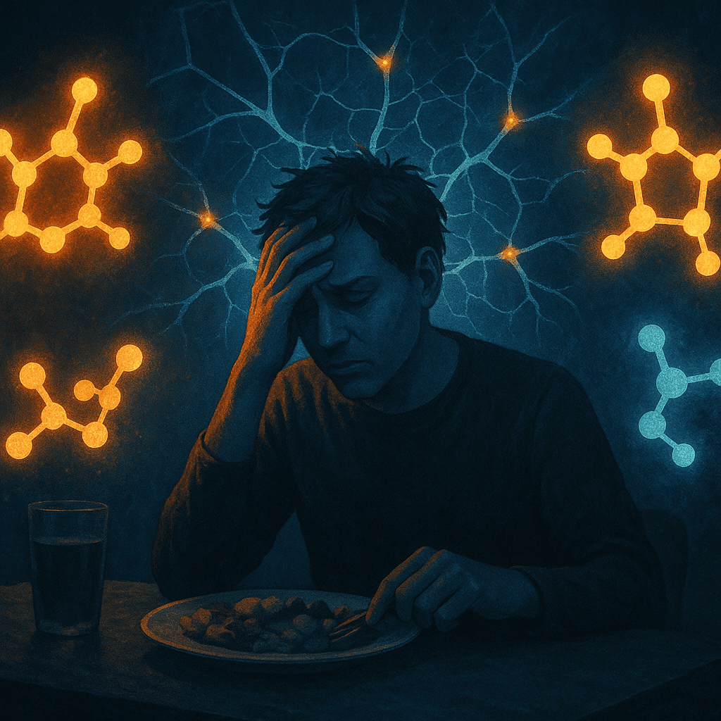 Why Do I Crave Sweets After Eating? Expert-Backed Reasons for Craving Sweets After Meals and How to Respond Mindfully 3 Stressed person at dinner table surrounded by abstract hormones and neural craving signals, illustrating why do I crave sweets after eating