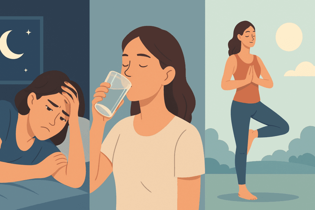 Why Do I Crave Sweets After Eating? Expert-Backed Reasons for Craving Sweets After Meals and How to Respond Mindfully 5 Triptych showing lifestyle factors related to why do I crave sweets after eating—sleep struggles at night, drinking water in the morning, and daytime yoga outdoors.