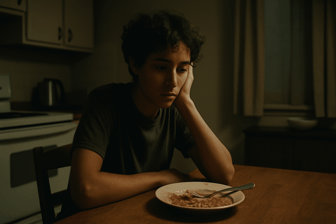 Young adult staring at a half-eaten meal in a dimly lit kitchen, reflecting emotional discomfort—Why Do I Feel Bad After I Eat