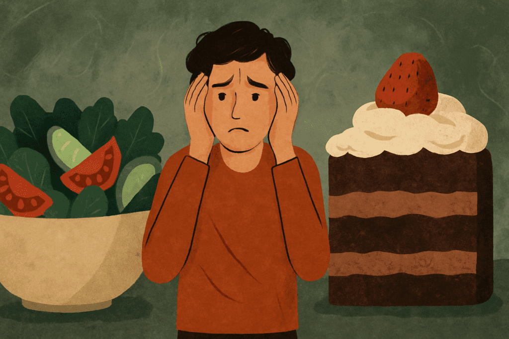 Conflicted person between a healthy salad and a decadent cake, symbolizing emotional food choices tied to the question Why Do I Feel Bad After I Eat