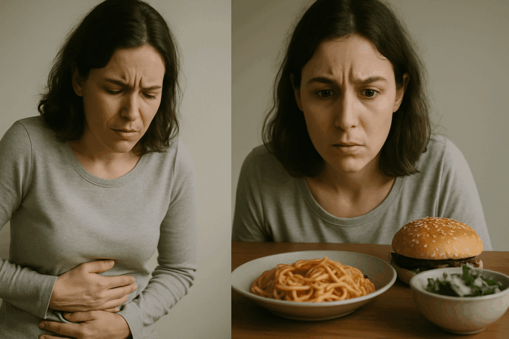 Split-screen of a woman clutching her stomach in discomfort and then staring at food with mixed hunger and nausea, illustrating the question Why Do I Feel Bad After I Eat.