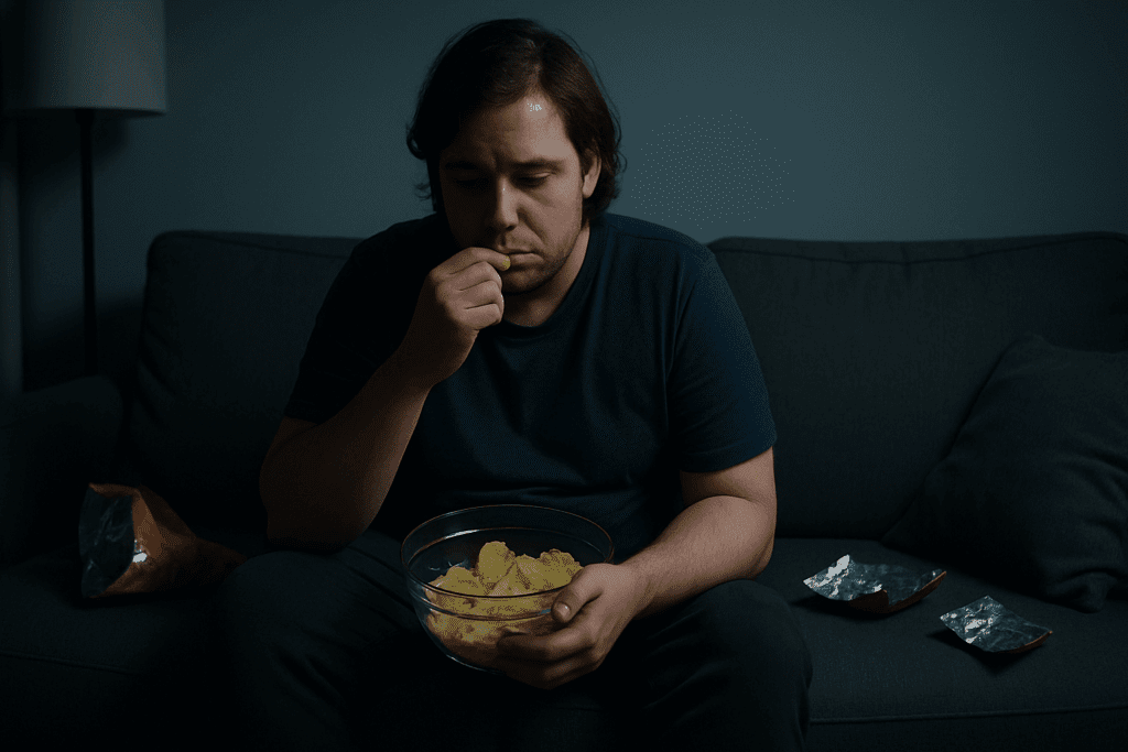 Man sitting alone on a couch at night, eating chips with a downcast expression, illustrating the question Why Do I Feel Bad After I Eat