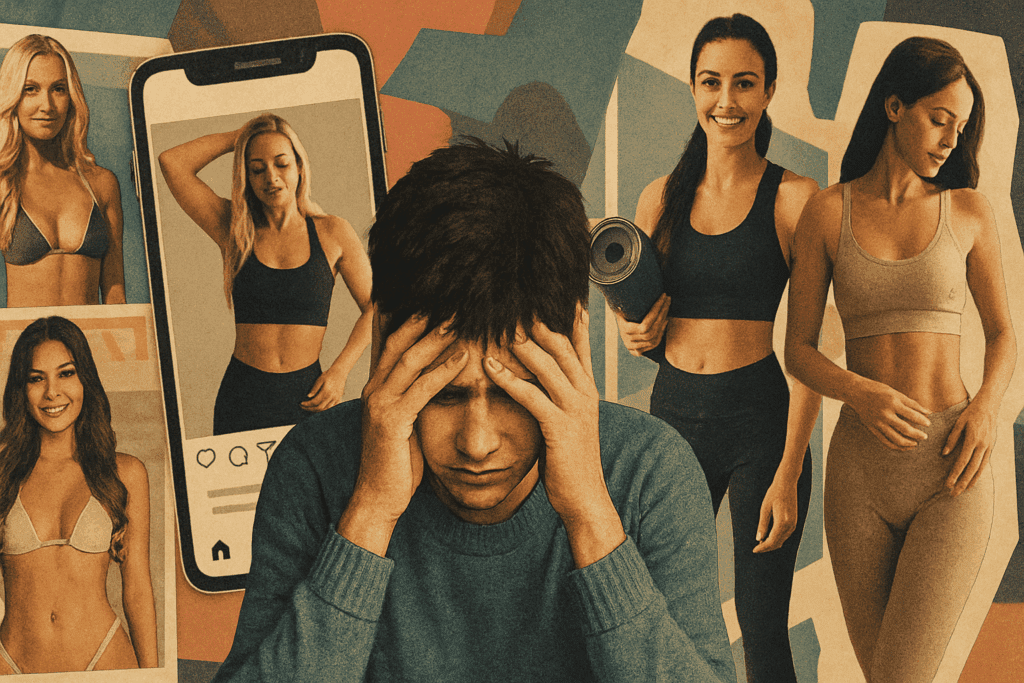 Overwhelmed person surrounded by magazine covers and fitness influencers, illustrating the emotional toll of diet culture and why do I feel bad after I eat.