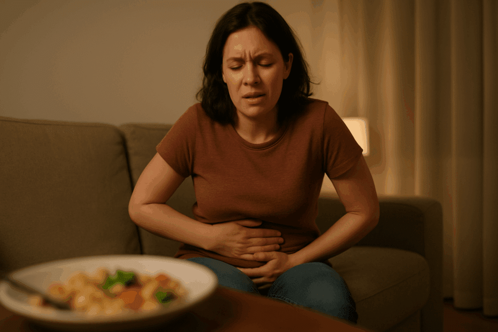 A woman grimacing and holding her abdomen in discomfort after a meal, illustrating the question Why Do I Feel Bad After I Eat