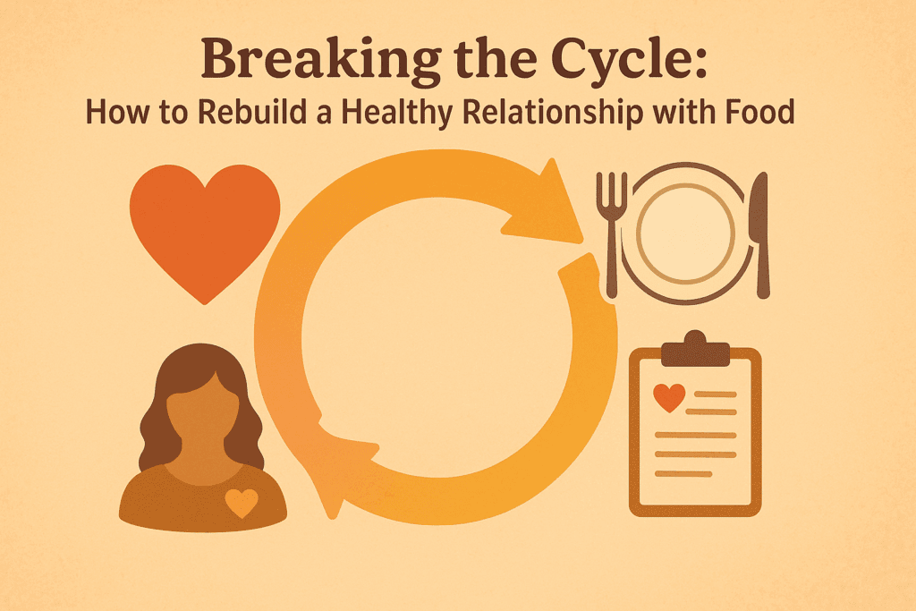 Circular healing journey infographic with icons for self-compassion, mindful eating, therapy, and body positivity, illustrating emotional recovery from disordered eating, related to Why Do I Feel Bad After I Eat.