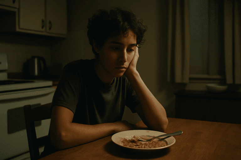 Young adult staring at a half-eaten meal in a dimly lit kitchen, reflecting emotional discomfort—Why Do I Feel Bad After I Eat