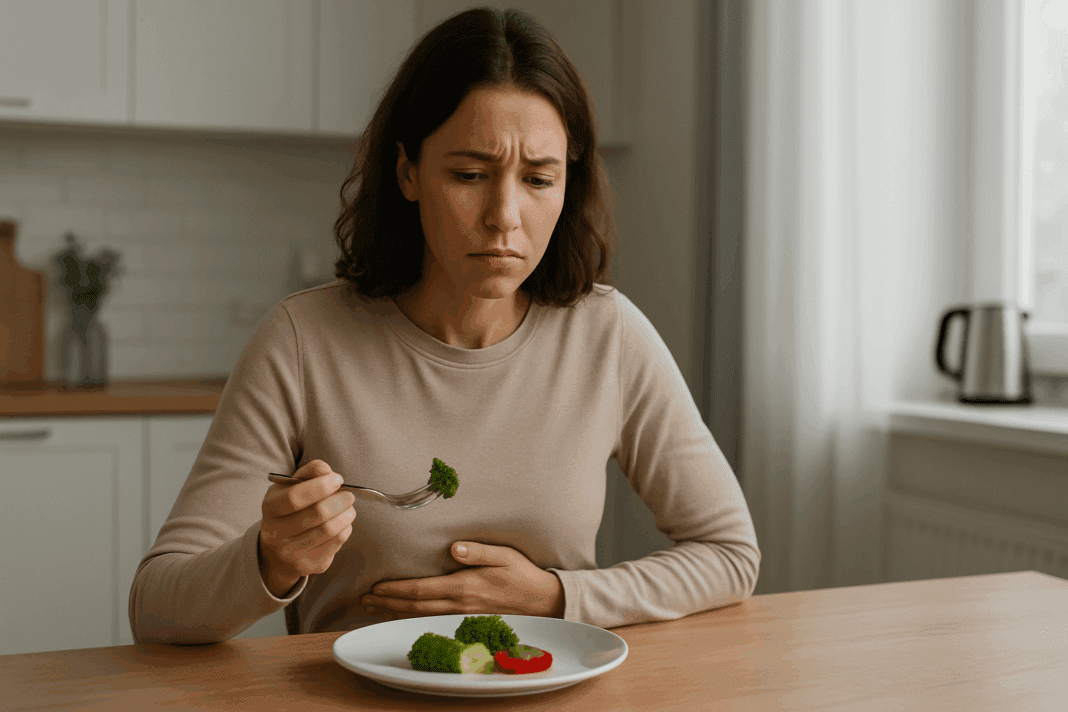 Concerned woman holding her stomach at a kitchen table with untouched food, illustrating Why Do I Feel Full So Quickly