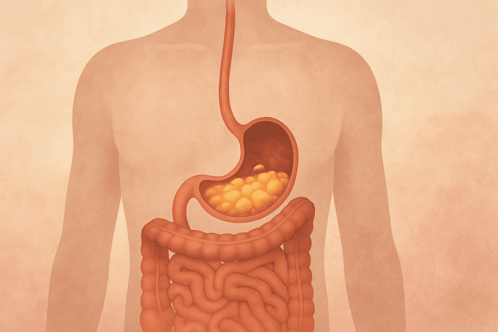 Why Do I Feel Full So Quickly? Understanding the Causes of Early Satiety and What It Could Mean for Your Digestive Health 1 Stylized medical illustration of slow digestion with food remaining in a semi-transparent stomach, representing Why Do I Feel Full So Quickly