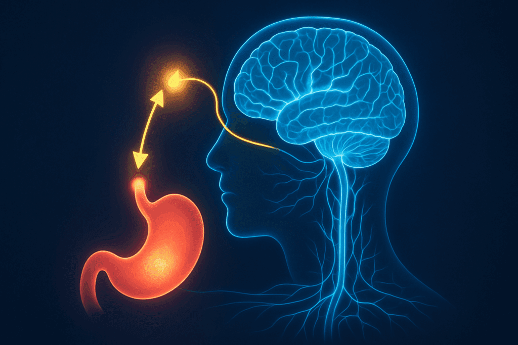 Why Do I Feel Full So Quickly? Understanding the Causes of Early Satiety and What It Could Mean for Your Digestive Health 2 Abstract illustration of gut-brain communication with vagus nerve and hormones like leptin and ghrelin, visualizing appetite signals to explain Why Do I Feel Full So Quickly.