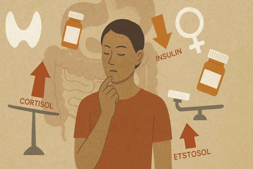 Why Do I Feel Full So Quickly? Understanding the Causes of Early Satiety and What It Could Mean for Your Digestive Health 4 Person surrounded by floating hormone symbols and medication bottles, visualizing imbalances that explain why do I feel full so quickly.