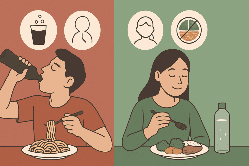 Why Do I Feel Full So Quickly? Understanding the Causes of Early Satiety and What It Could Mean for Your Digestive Health 5 Split-screen illustration showing habits that explain Why Do I Feel Full So Quickly: one side with a man drinking soda and eating fast; the other with a woman practicing mindful eating and hydration.