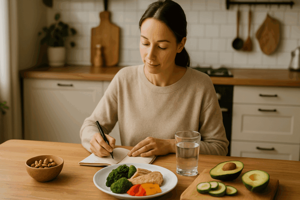 Why Do I Feel Full So Quickly? Understanding the Causes of Early Satiety and What It Could Mean for Your Digestive Health 6 Woman journaling in a cozy kitchen while preparing a small balanced meal, illustrating lifestyle strategies for managing early satiety—Why Do I Feel Full So Quickly