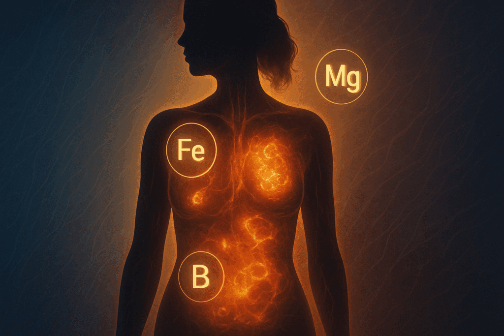 Silhouette of a woman post-menstruation with glowing nutrient symbols like iron, magnesium, and B vitamins to illustrate metabolic recovery, depicting why women may feel more hungry when coming off my period.