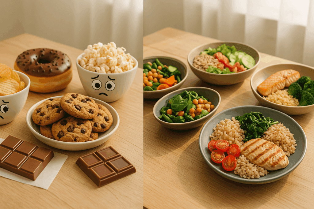 Side-by-side comparison of snack cravings and nutritious meals illustrating why some feel more hungry when coming off my period.