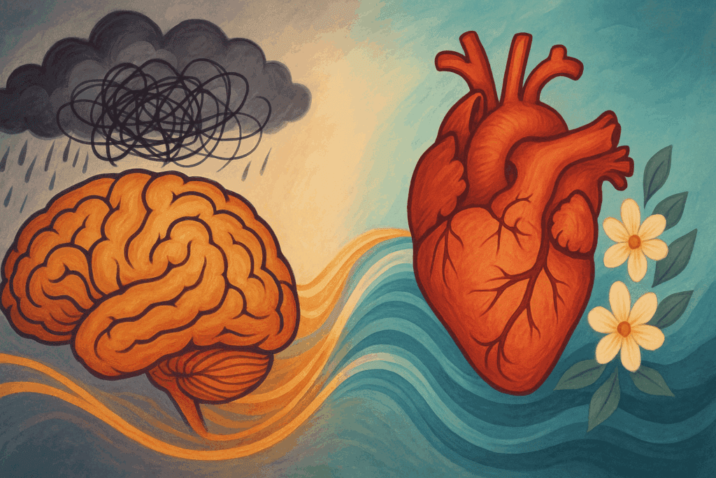 Illustration of a brain under stormy clouds and a heart with blooming flowers, symbolizing emotional conflict and balance related to feeling more hungry when coming off my period.
