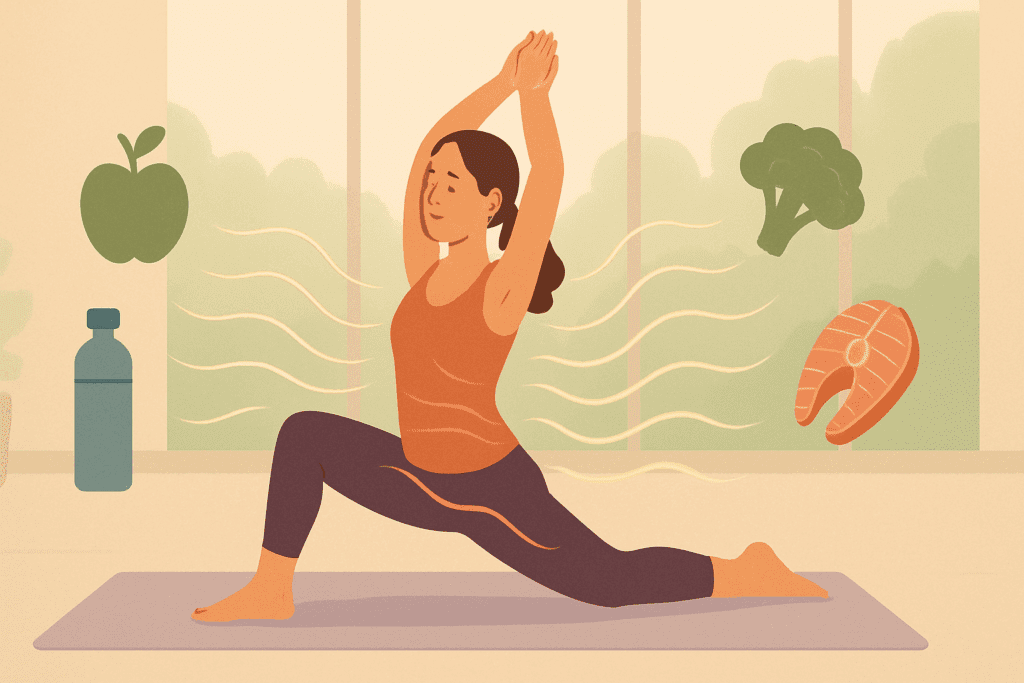 Woman doing yoga in a bright room with energy waves and healthy food icons, symbolizing why some feel more hungry when coming off my period.