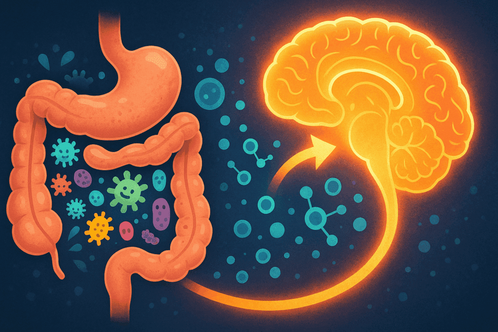Diagram of the gut-brain axis showing microbiota in the intestines and neurotransmitters flowing to the brain, illustrating why women may feel more hungry when coming off my period