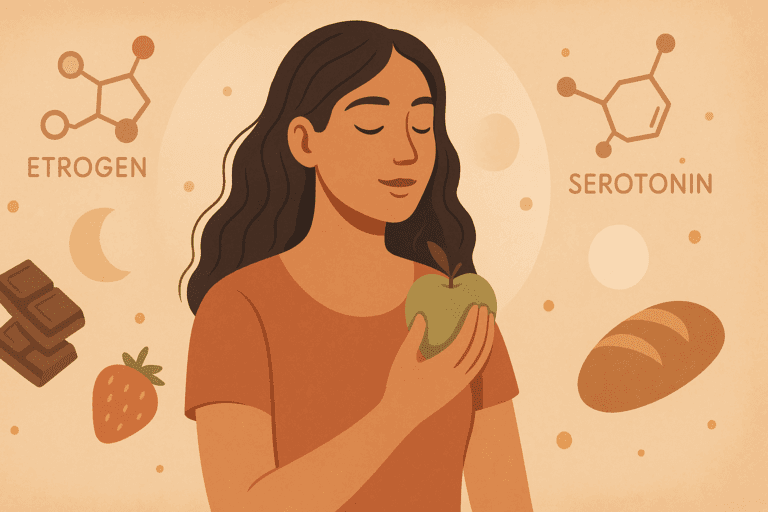 Woman peacefully holding a healthy snack surrounded by food cravings and hormone symbols, symbolizing why some feel more hungry when coming off my period