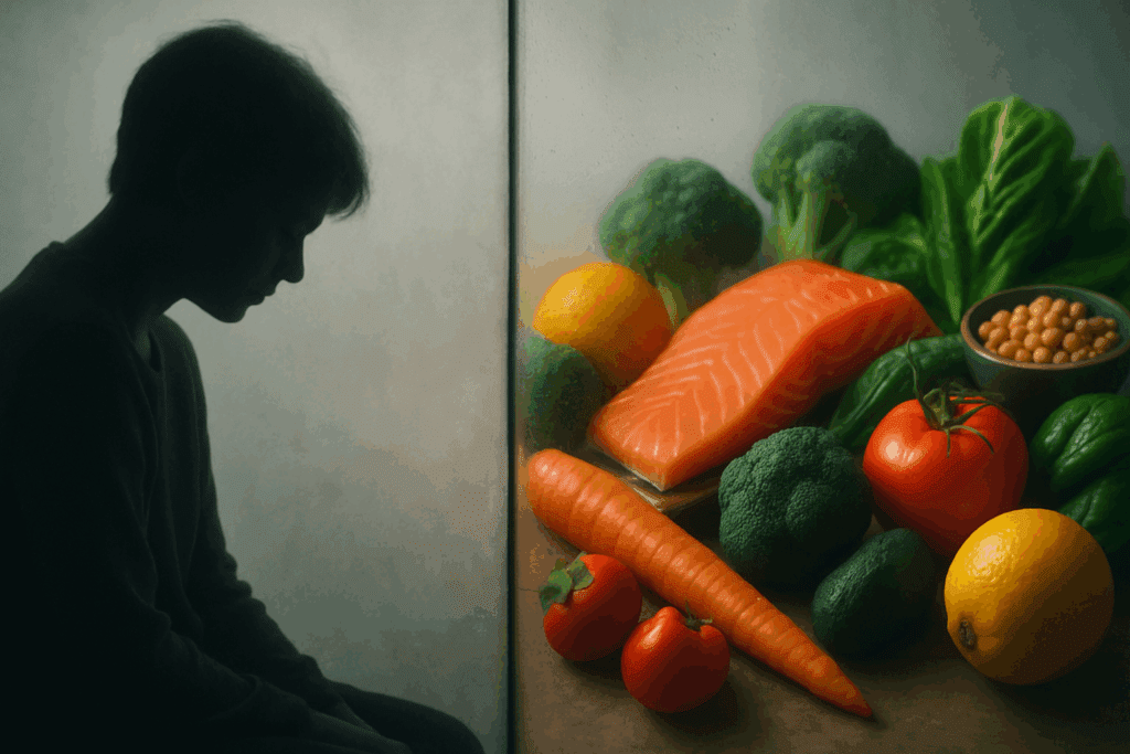 Withdrawn person in shadow separated by foggy glass from vibrant food, symbolizing emotional food aversion and asking Why Do I Hate Eating?