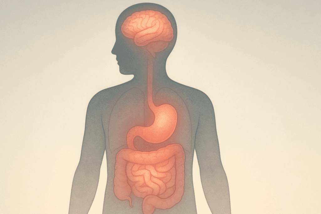 Human silhouette with glowing brain, stomach, and intestines illustrating biological imbalances linked to appetite issues, answering why do I hate eating?