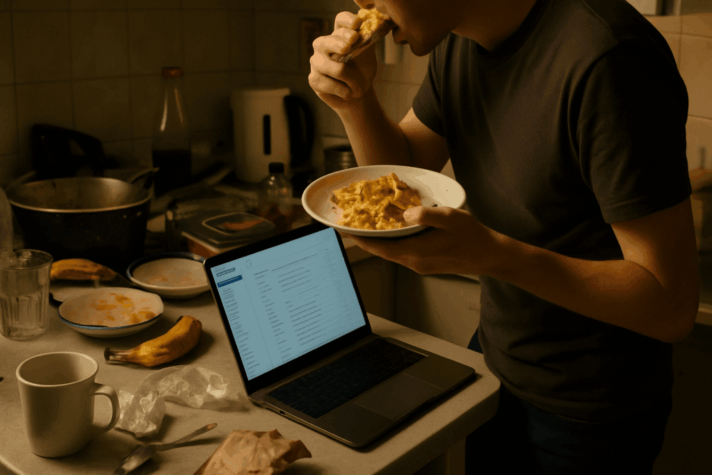Cluttered kitchen counter with dirty dishes and a laptop showing emails, as a person eats hastily while standing under dim lighting—visualizing environmental stressors linked to Why Do I Hate Eating?