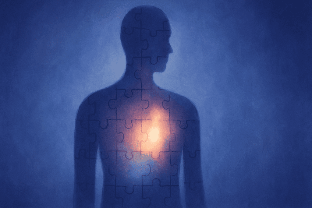 Puzzle-piece human silhouette glowing at torso in blue-purple haze, symbolizing mind-body disconnect: Why Do I Hate Eating?