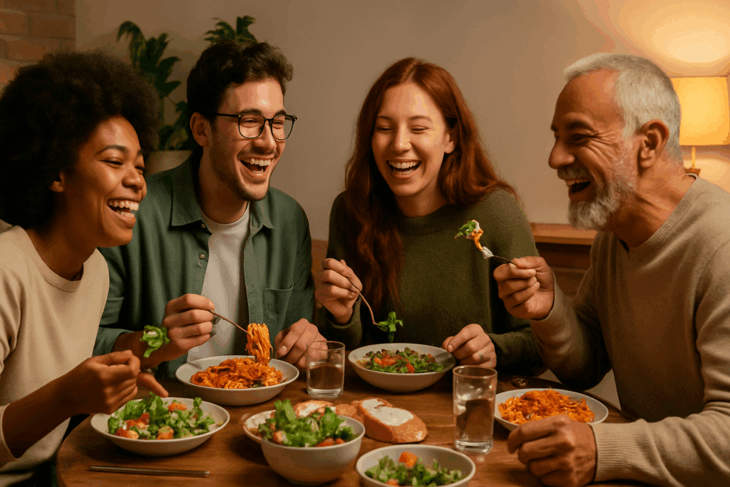 Diverse group of people sharing a meal at a cozy table, laughing and enjoying food together, representing community and joy in healing food aversion and addressing the question 'Why Do I Hate Eating?