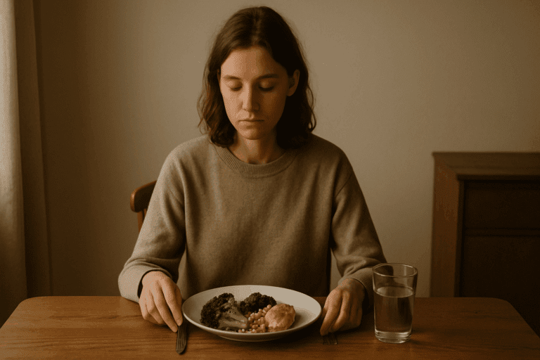 Woman sits alone at a dining table with untouched healthy food, reflecting emotional distance—captures the question: Why Do I Hate Eating?