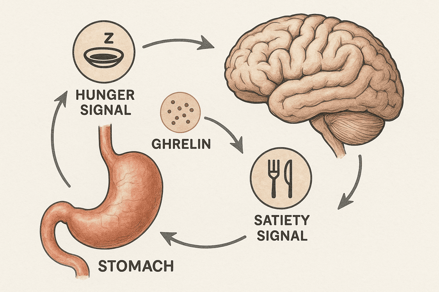 Anatomical illustration showing the interaction between the stomach, brain, and hormones ghrelin and leptin in regulating hunger and fullness, helping to understand 'Why Do I Never Feel Full.