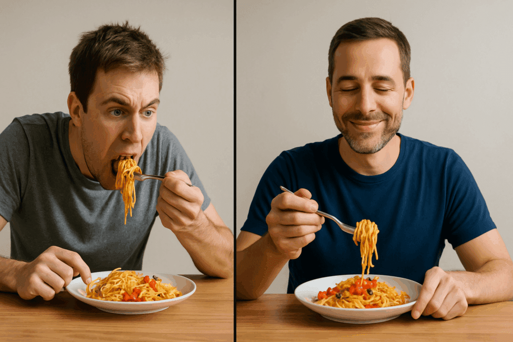Split-screen image comparing a young man eating quickly, looking unsatisfied, and an older man eating slowly, looking content. This visual demonstrates the eating habits associated with the question 'Why Do I Never Feel Full' and the impact of eating speed on satiety