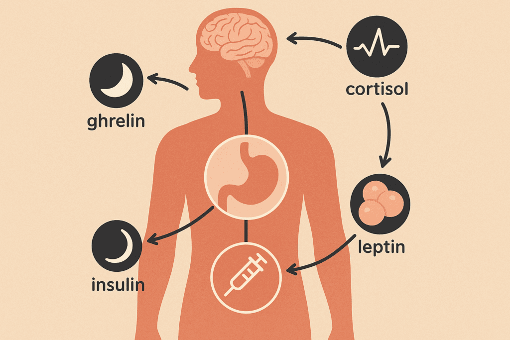 Diagram illustrating how hormones like ghrelin, leptin, insulin, and cortisol influence hunger and satiety in the body. The image highlights the stomach, brain, and fat cells, showing their interaction in relation to hunger signals. Key hormones are represented by icons and arrows. This visual helps explain 'Why Do I Never Feel Full' and how hormones impact appetite and cravings