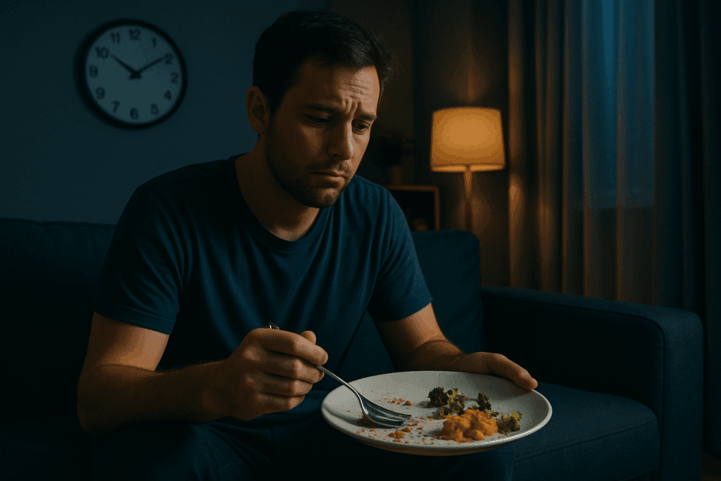 Person sitting on a couch at night, looking at a half-eaten dinner plate, feeling hungry, illustrating the question 'Why Do I Never Feel Full' despite eating
