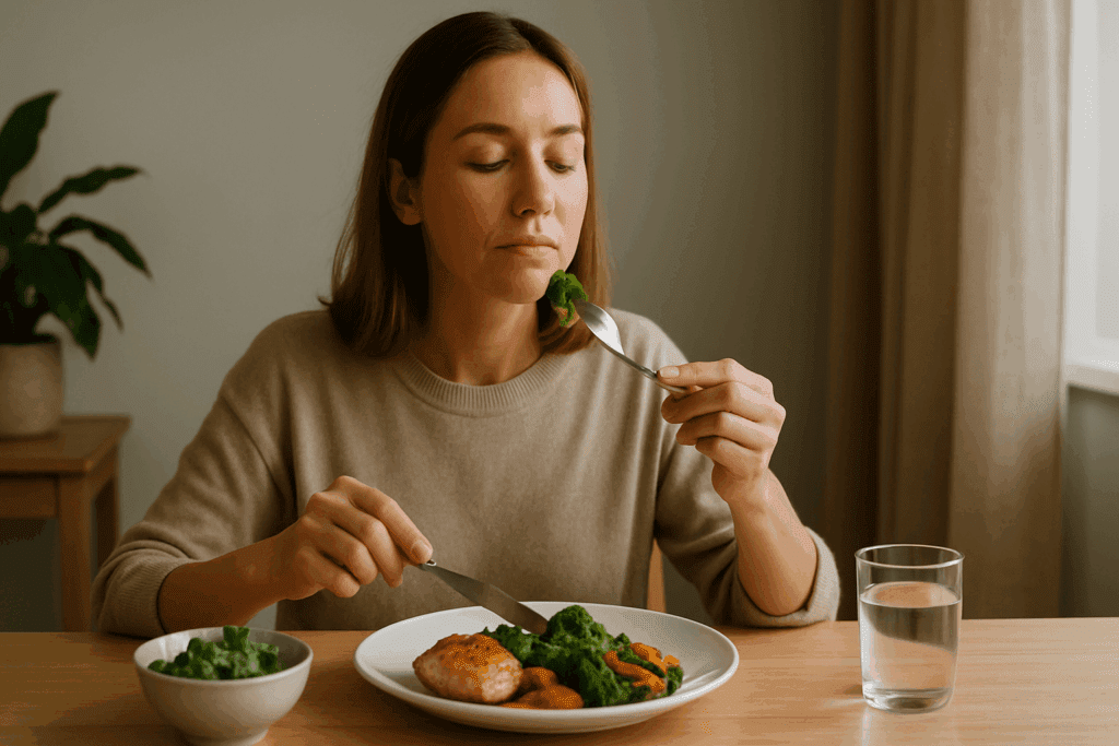 Serene dining scene with a woman eating mindfully, savoring each bite of her meal. The calm setting focuses on her peaceful expression and the well-balanced plate of grilled chicken, roasted vegetables, and green broccoli. This mindful eating moment highlights a deliberate approach to mealtime, offering a solution to the question: Why Do I Never Feel Full?