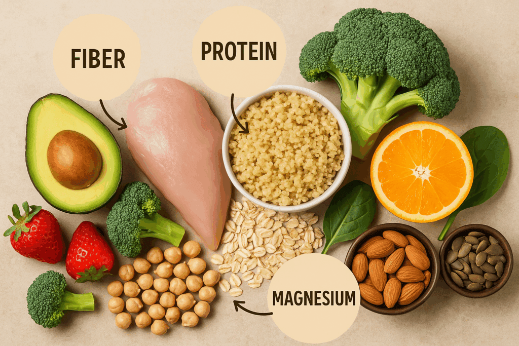 Foods rich in fiber, protein, and magnesium, including avocado, broccoli, chicken, quinoa, and almonds, highlighting nutritional factors that contribute to satiety and addressing the question of Why Do I Never Feel Ful