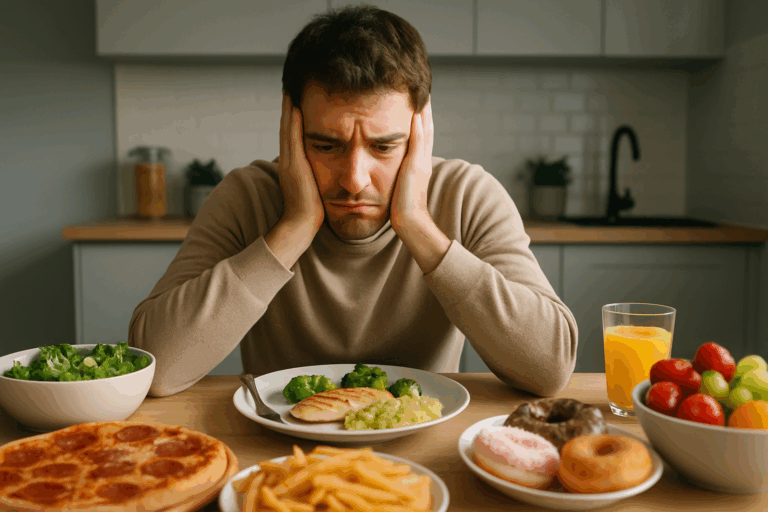 A young man with dark brown hair and light stubble sitting at a kitchen table surrounded by a variety of foods, looking frustrated as he stares at his plate. The scene reflects the complexity of hunger and satiety, illustrating the question 'Why Do I Never Feel Full?' with dishes like grilled chicken, pizza, doughnuts, and fresh fruit