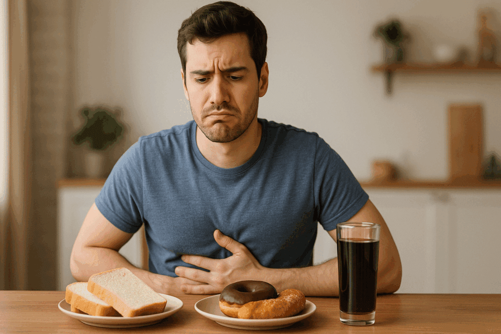 Why Does Diabetes Make You So Hungry? Understanding Diabetes Hunger and How to Stop It Naturally 2 Man looking confused and holding stomach after eating white bread, pastries, and soda, illustrating why does diabetes make you so hungry.