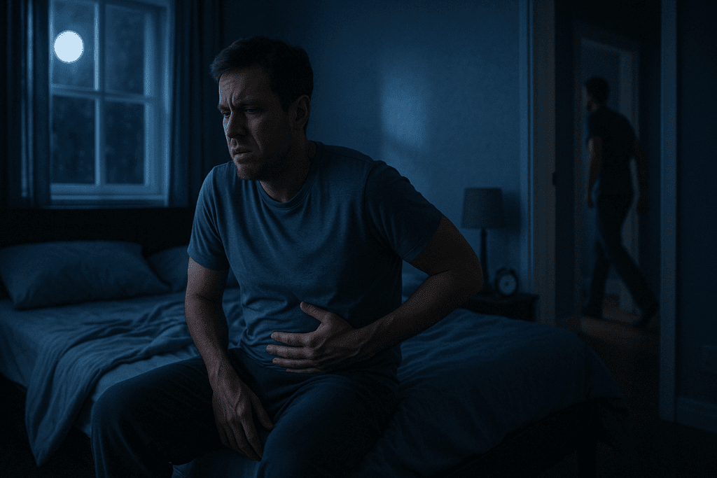 Why Does Diabetes Make You So Hungry? Understanding Diabetes Hunger and How to Stop It Naturally 3 Distressed man with diabetes sitting up in bed at night holding his stomach, illustrating why does diabetes make you so hungry.