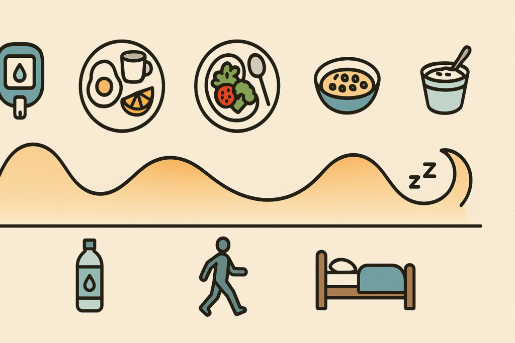 Why Does Diabetes Make You So Hungry? Understanding Diabetes Hunger and How to Stop It Naturally 6 Infographic showing daily timeline of meals, exercise, hydration, and sleep with a steady blood sugar curve explaining why does diabetes make you so hungry